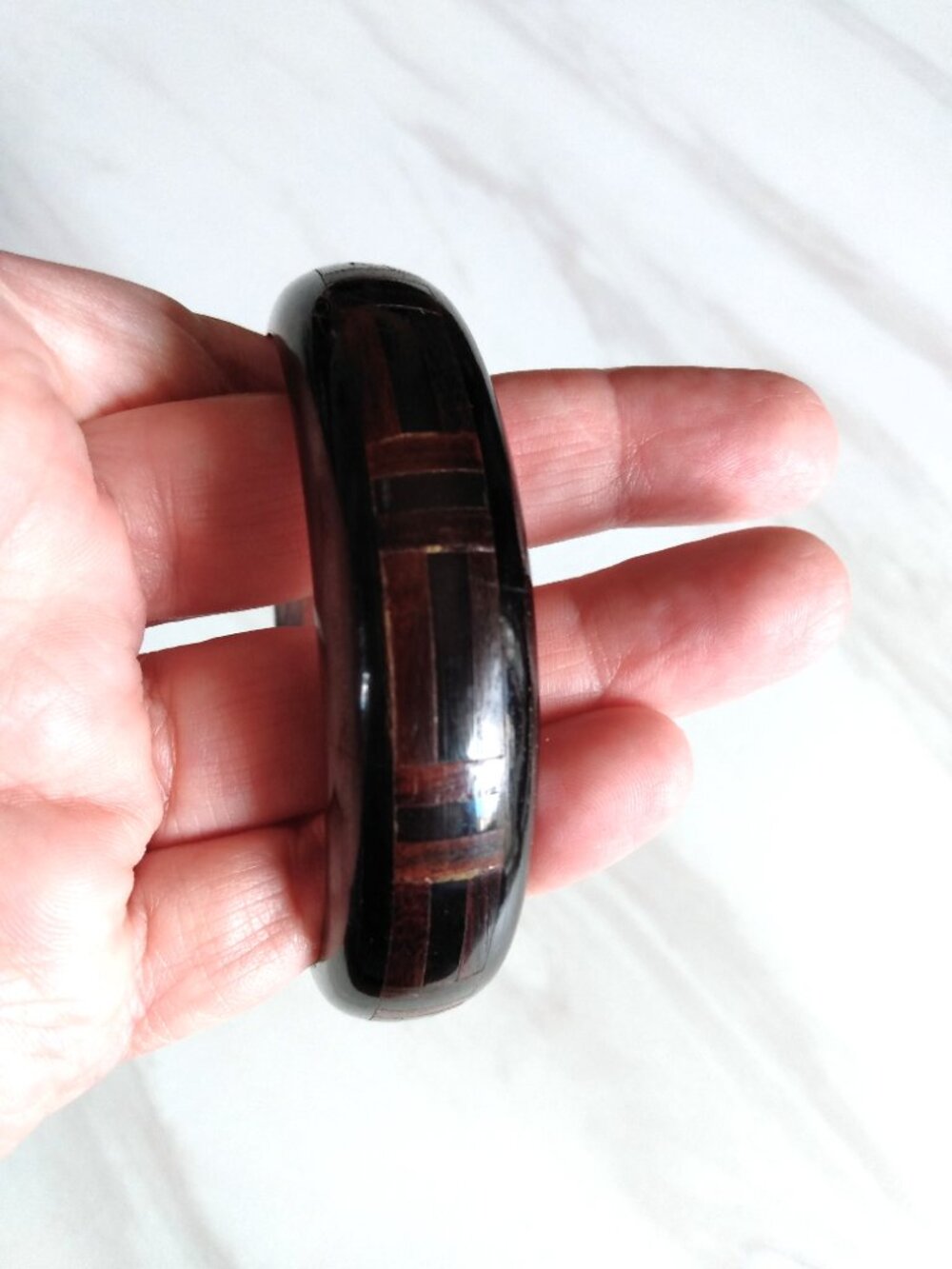 Vintage Wood Inlaid Bangle Bracelet Marquetry Jewelry - Picture 11 of 14